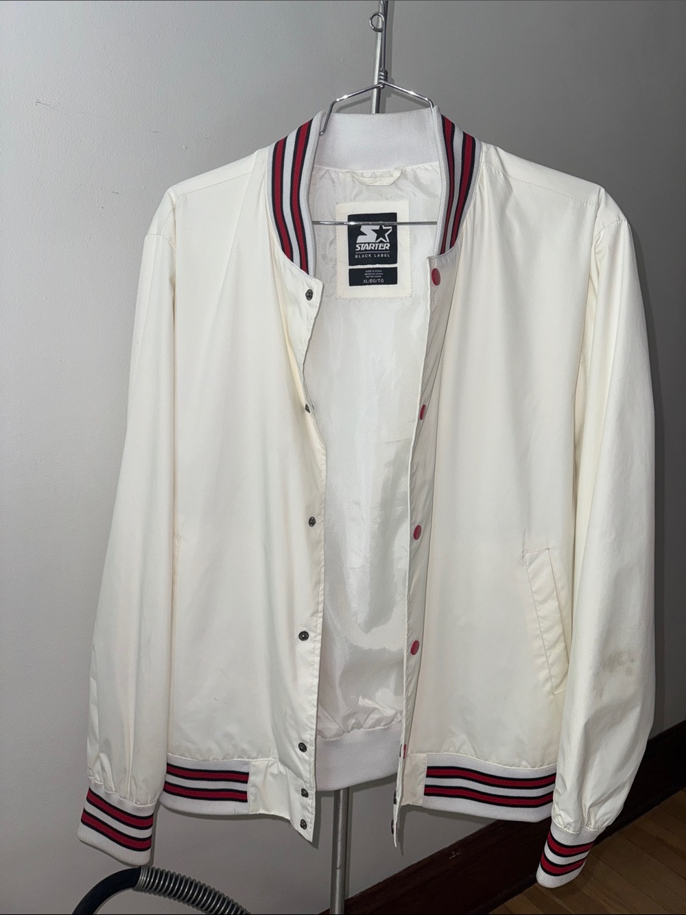 STARTER Cream Bomber Jacket with Red & Black Striped Trim XL gently used